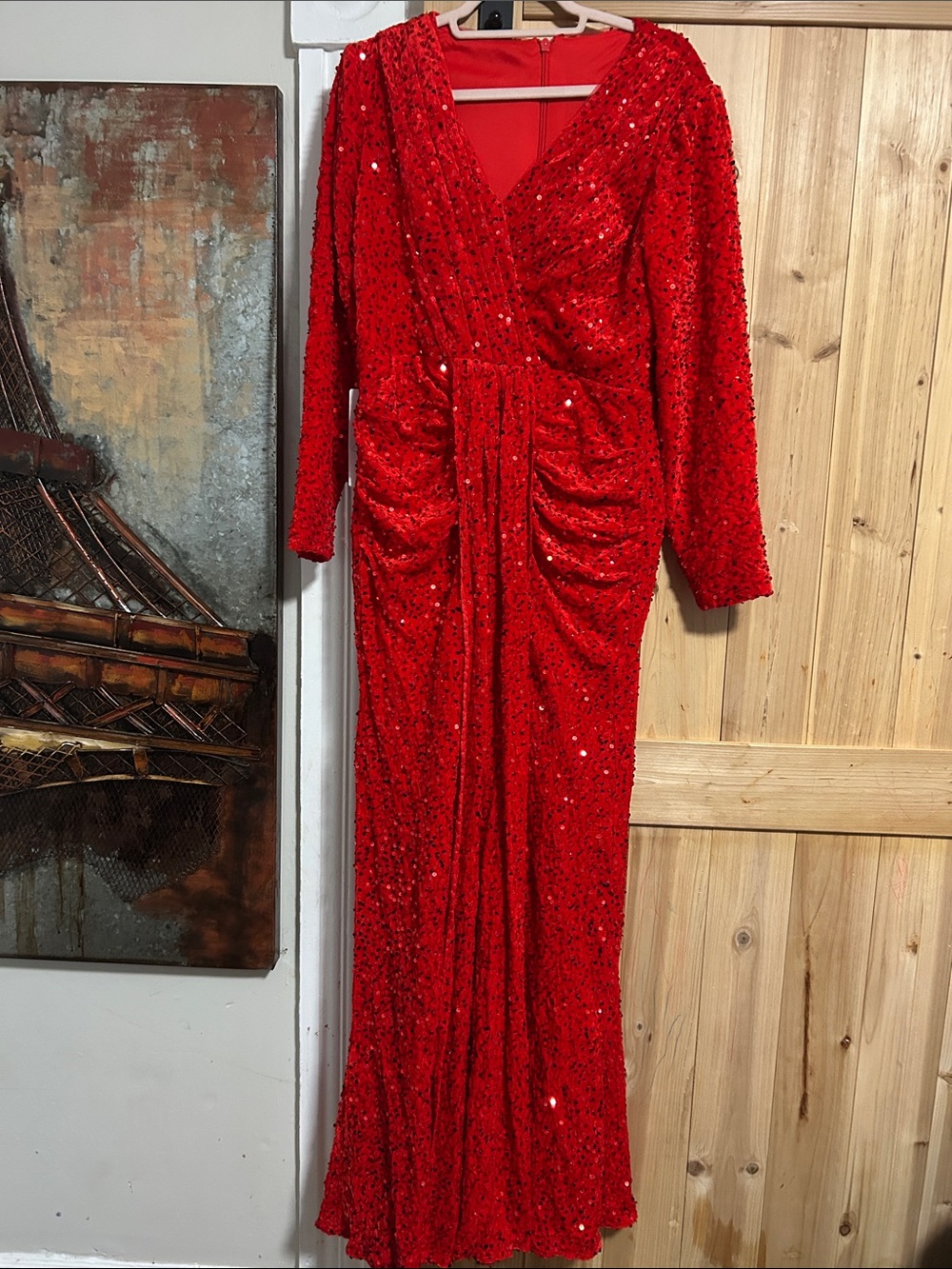 Red Velvet Sequin V-Neck Long Sleeve Evening Gown